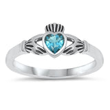 Sterling Silver Claddagh Ring Blue Topaz CZ Traditional Irish Band Sizes 1-9