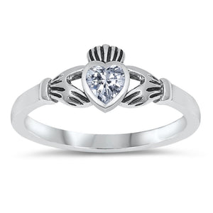 Clear CZ Claddagh Heart Polished Ring New .925 Sterling Silver Band Sizes 1-9