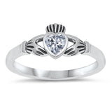 Clear CZ Claddagh Heart Polished Ring New .925 Sterling Silver Band Sizes 1-9