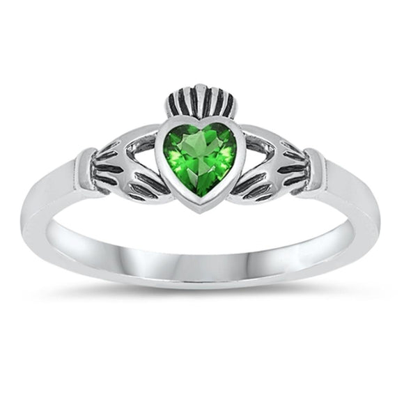 Sterling Silver Claddagh Ring Emerald CZ Traditional Irish Knot Band Sizes 1-10