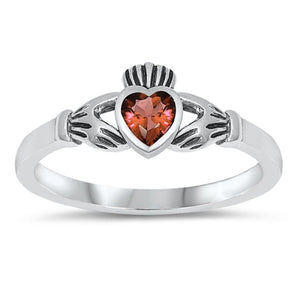 Sterling Silver Claddagh Ring Garnet CZ Traditional Irish Knot Band Sizes 1-9
