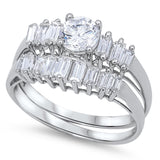 Clear CZ Unique Polished Ring Set New .925 Sterling Silver Band Sizes 6-10