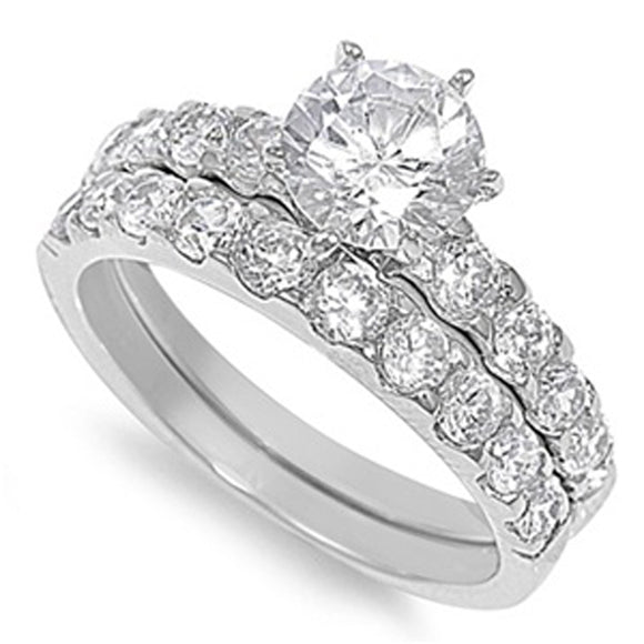 Sterling Silver Custom Engagement Ring Wedding Band Bridal Set CZ Sizes 5-10