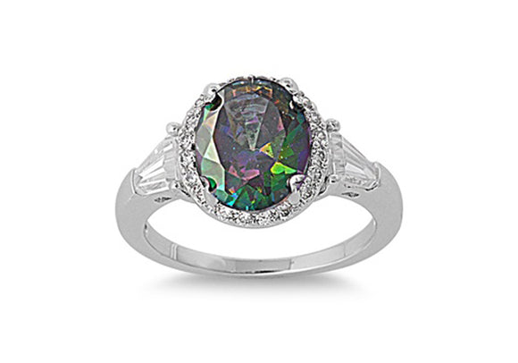 Women's Rainbow Topaz CZ Halo Wedding Ring .925 Sterling Silver Band Sizes 5-10