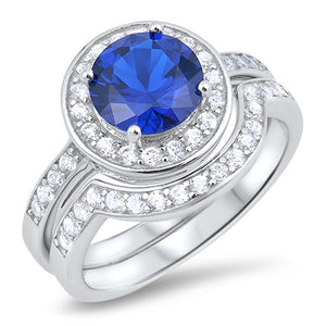 Round Blue Sapphire CZ Wedding Ring Set New .925 Sterling Silver Band Sizes 5-10