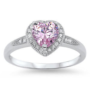 Women's Heart Pink CZ Halo Fashion Ring New .925 Sterling Silver Band Sizes 4-10