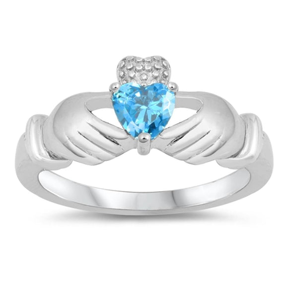 Blue Topaz CZ Heart Claddagh Friendship Ring 925 Sterling Silver Band Sizes 5-10
