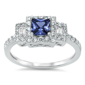 Square Blue Sapphire CZ Halo Wedding Ring .925 Sterling Silver Band Sizes 4-12