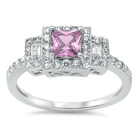 Women's Square Wedding Pink CZ Halo Ring New 925 Sterling Silver Band Sizes 4-12