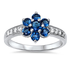 Women's Blue Sapphire CZ Flower Ring New .925 Sterling Silver Band Sizes 3-11