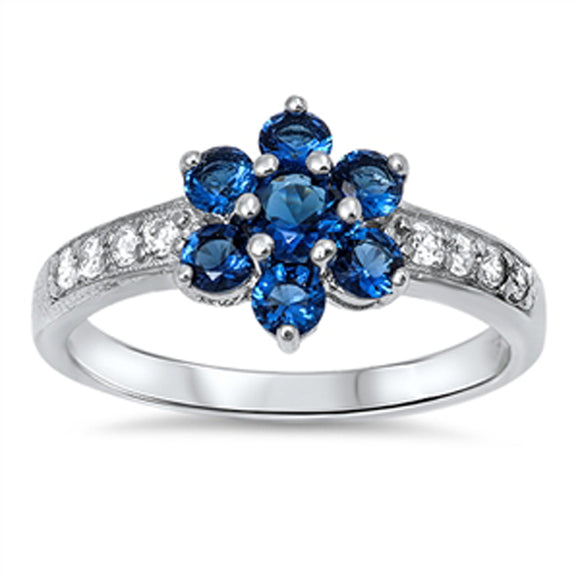 Women's Blue Sapphire CZ Flower Ring New .925 Sterling Silver Band Sizes 3-11