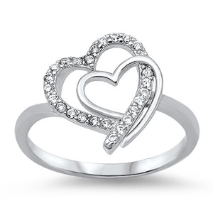 Double Interlocking Heart Clear CZ Promise Ring .925 Sterling Silver Sizes 5-11