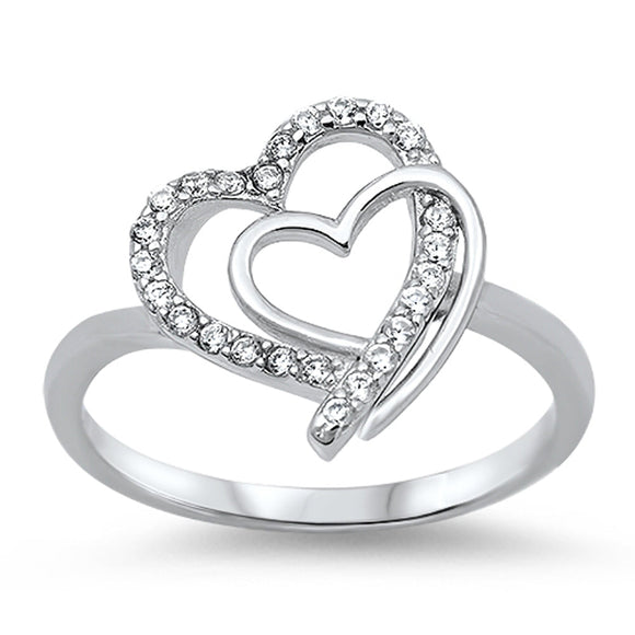 Double Interlocking Heart Clear CZ Promise Ring .925 Sterling Silver Sizes 5-11