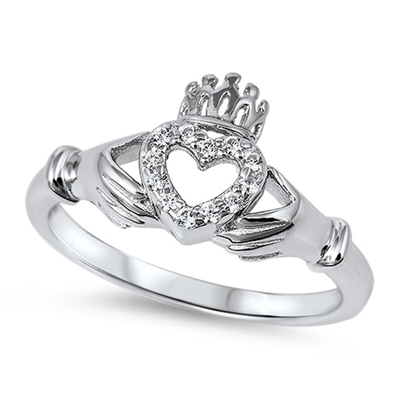 Claddagh Heart Friendship White CZ Promise Ring .925 Sterling Silver Sizes 4-12