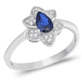 Pear Flower Blue Sapphire CZ Fashion Ring .925 Sterling Silver Band Sizes 5-9