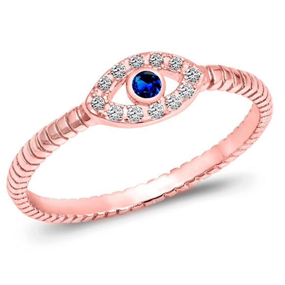 Rose Gold-Tone Blue Sapphire CZ Evil Eye Ring Sterling Silver Band Sizes 3-10