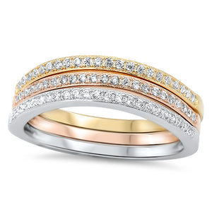 Stackable Set Rose Gold Tone White CZ Ring .925 Sterling Silver Band Sizes 5-10