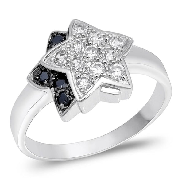 Girl's Star Black White CZ Unique Ring New .925 Sterling Silver Band Sizes 5-9