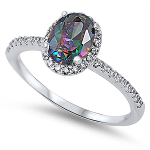Solitaire Rainbow Topaz CZ Halo Wedding Ring New .925 Sterling Silver Sizes 4-10