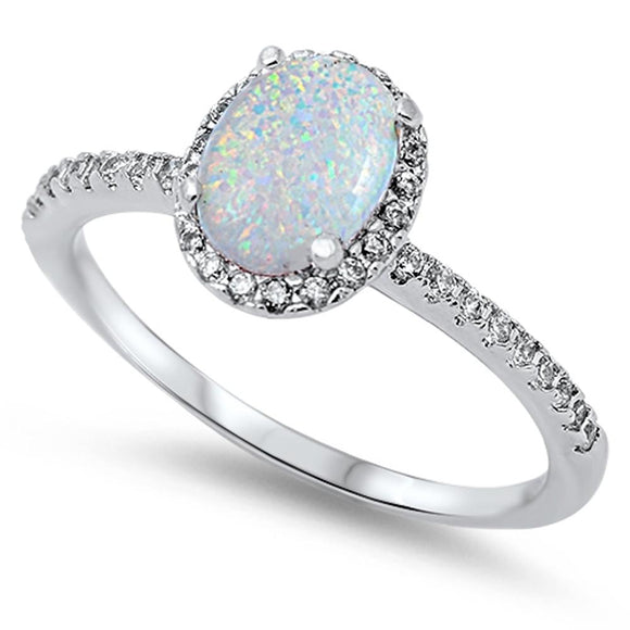 Sterling Silver White Lab Opal Solitaire Clear CZ Halo Wedding Ring Sizes 4-12