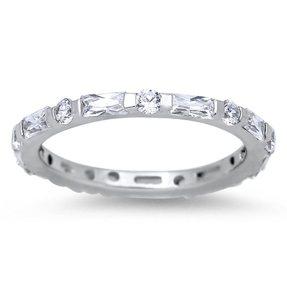 Baguette Eternity Round Clear CZ Unique Ring 925 Sterling Silver Band Sizes 5-10