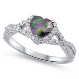 Traditional Rainbow Topaz CZ Heart Halo Promise Sterling Silver Ring Sizes 4-13