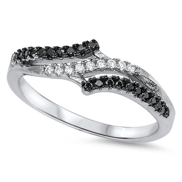 Women's Wave White Black CZ Unique Ring New .925 Sterling Silver Band Sizes 5-10