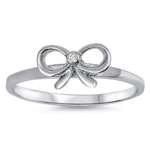 Women's Ribbon Bowtie White CZ Cute Ring New 925 Sterling Silver Band Sizes 4-9