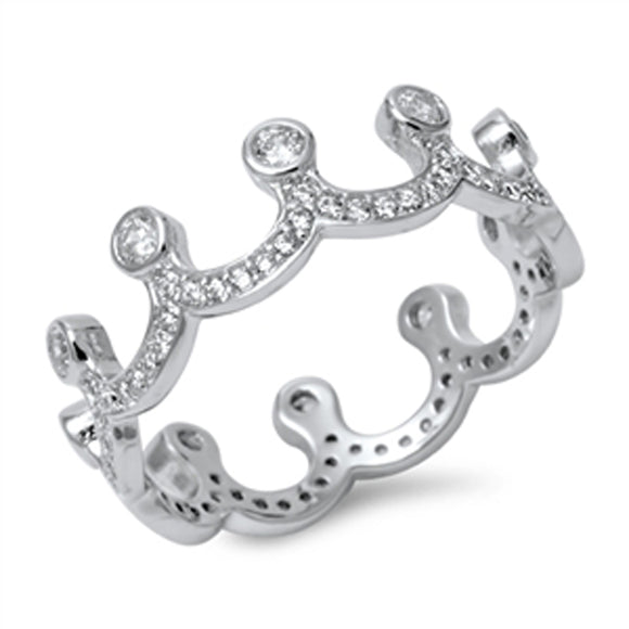 Princess Crown Tiara Eternity White CZ Ring .925 Sterling Silver Band Sizes 5-10