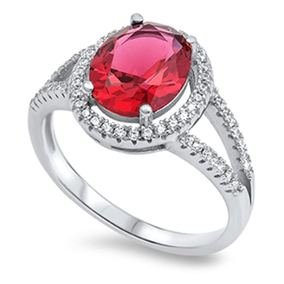 Women's Solitaire Ruby CZ Halo Wedding Ring .925 Sterling Silver Band Sizes 5-10