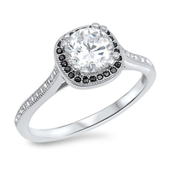 Solitaire White CZ Black Halo Wedding Ring .925 Sterling Silver Band Sizes 5-10