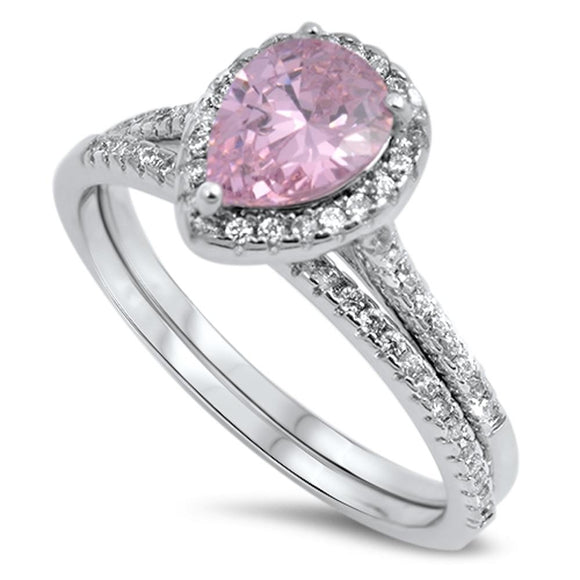 Pink CZ Women's Halo Wedding Ring Set New .925 Sterling Silver Band Sizes 5-10