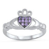 Amethyst CZ Claddagh Heart Friendship Ring .925 Sterling Silver Band Sizes 4-10