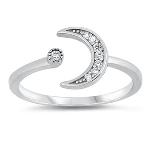 White CZ Crescent Moon Open Ring New .925 Sterling Silver Band Sizes 4-12