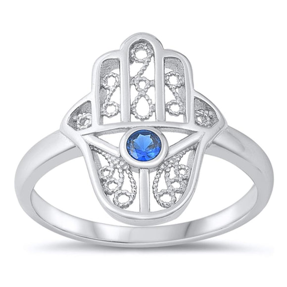 Sterling Silver Blue Sapphire CZ Hamsa Ring