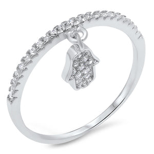 White CZ Dangling Hamsa Ring New 925 Sterling Silver Hand of God Band Sizes 4-10