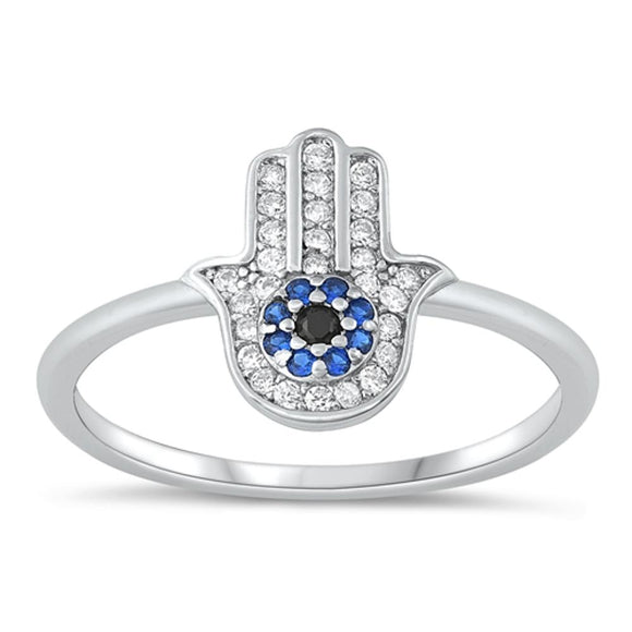 Sterling Silver Blue Sapphire CZ Hamsa Ring