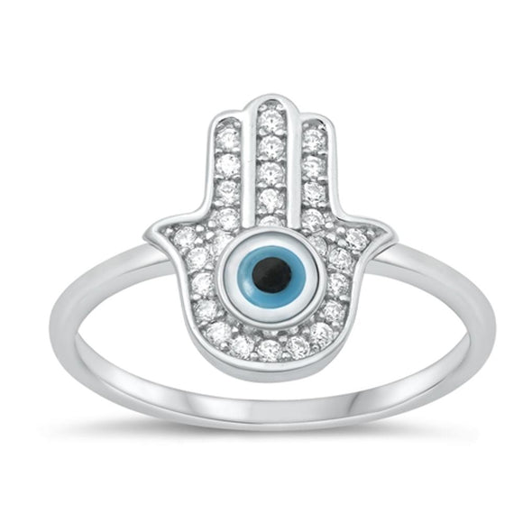 Sterling Silver Mother of Pearl Hamsa Evil Eye Ring