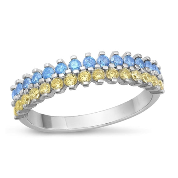 Sterling Silver Blue Sapphire CZ & Yellow CZ Ring