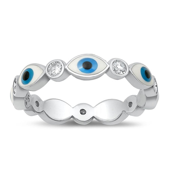 Sterling Silver White CZ Evil Eye Ring