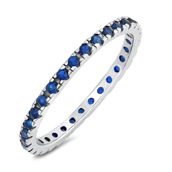Sterling Silver Eternity Band Blue Sapphire CZ 2mm Ring Stackable Sizes 4-12