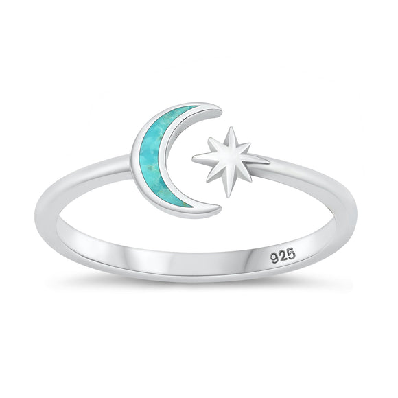 Sterling Silver Genuine Turquoise Moon & Star Ring