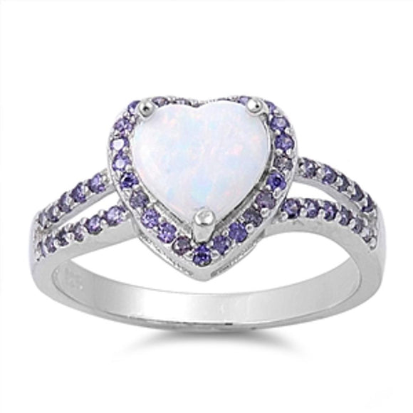 Heart White Lab Opal Halo Amethyst CZ Promise Ring Sterling Silver Sizes 5-10