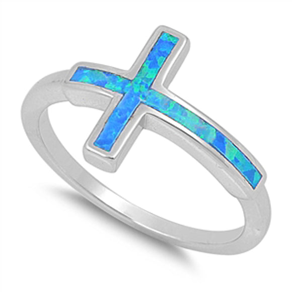 Cross Ring Blue Lab Opal Cute New .925 Sterling Silver Christian Band Sizes 5-10