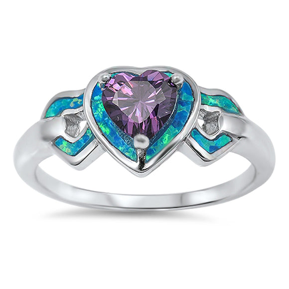 Triple Heart Amethyst CZ Blue Lab Opal Ring .925 Sterling Silver Band Sizes 5-10