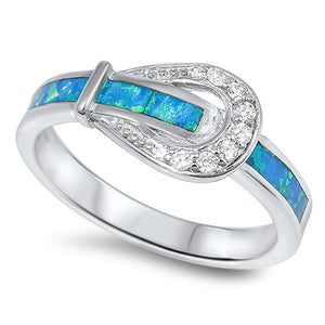 Belt Buckle Design Clear CZ Blue Lab Opal Ring .925 Sterling Silver Sizes 5-10