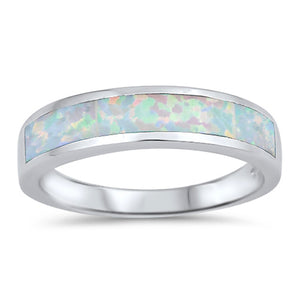 Long Stripe White Lab Opal Wedding Ring New .925 Sterling Silver Band Sizes 4-12