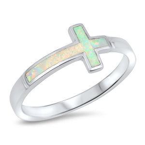 White Lab Opal Sideways Cross Christ Ring .925 Sterling Silver Band Sizes 4-12