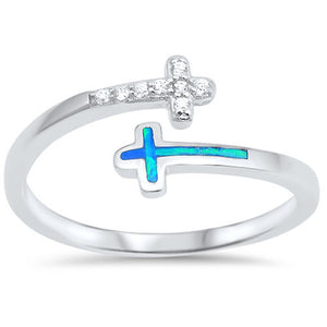 Clear CZ Blue Lab Opal Open Cross Ring New .925 Sterling Silver Band Sizes 4-12