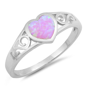 Pink Lab Opal Heart Promise Filigree Swirl Ring Sterling Silver Band Sizes 5-10
